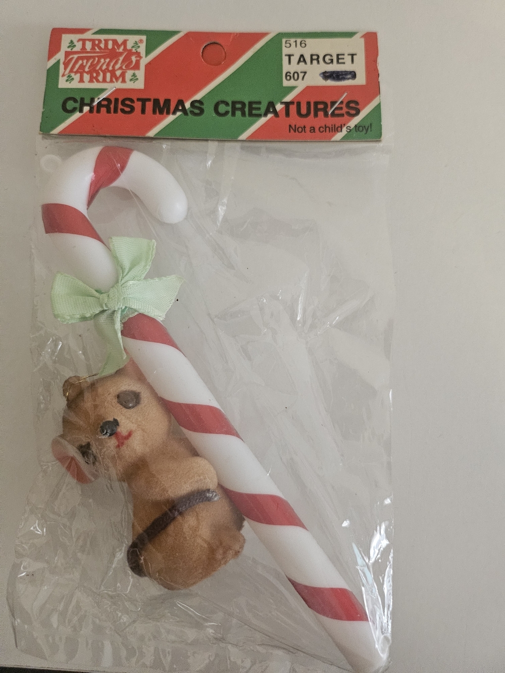 VTG 1986 Trim Trends Christmas Creatures Candy Cane Ornament with Mouse